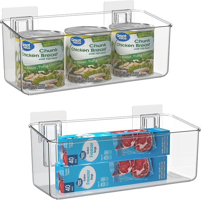 vacane 2 Pack Plastic Adhesive Mount Over Cabinet Door Organizer, Wall Organization Container Makeup Organizer Hanging Basket Bins for Kitchen, Pantry, Craft Room, Office, Space Saving Holder