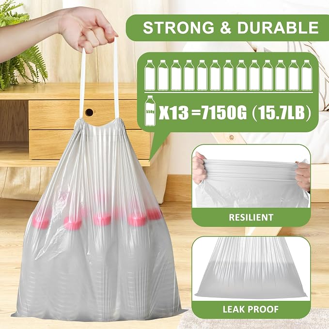 99 Count-Small Trash Bags,4 Gallon Trash Bag Drawstring, Gray White Bathroom Garbage Bags,Tear-Free Garbage Bags,Plastic Wastebasket Liners for Toilet Home Office and Bedroom
