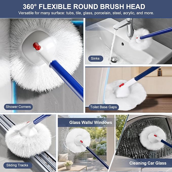 Shower and Tub Scrubber Brush - Non-Scratch Cleaning Brush for Bathtub Sink | Long Handle, 2 Tile Cleaner Brush Refills, 360° Flexible Brush, Cleaning for Bathroom Shower Tile Tub Sink Acrylic Glass Wall