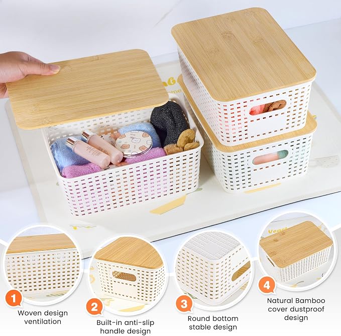 Ohmlove 6 Pack Plastic Storage Baskets with Bamboo Lids for Organization | Stackable Storage bins, Storages Baskets for Organizing Shelves Drawers Desktop Closet Playroom Classroom Office, Cream White