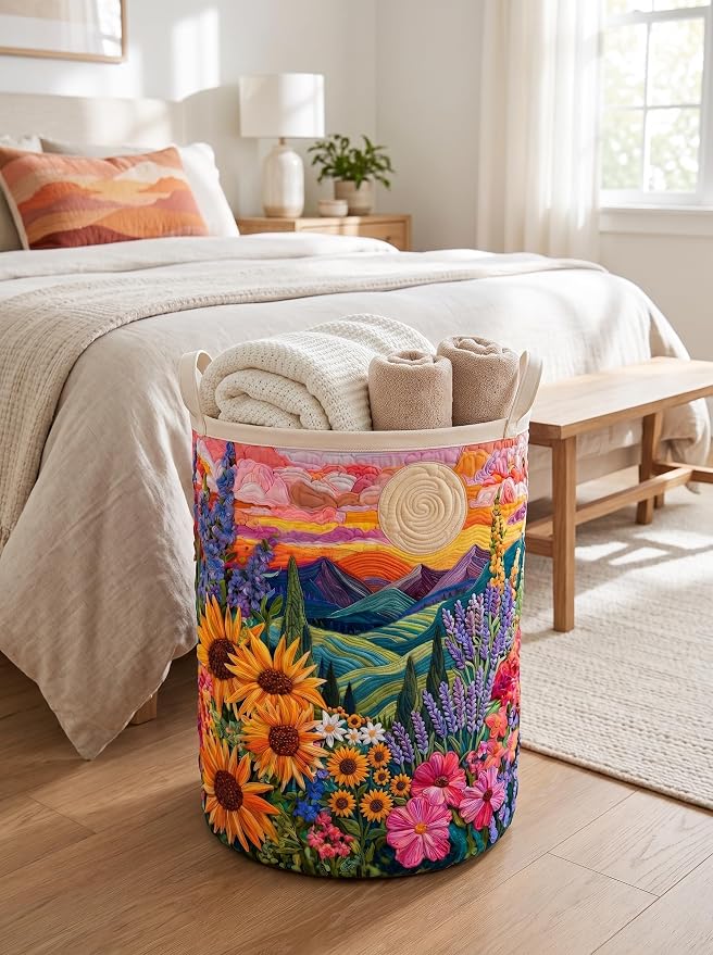 Quilted Laundry Basket with Handles, Boho Floral Quilted Storage Hamper, Large Capacity Laundry Hamper for Nursery Bedroom Laundry Room Home Decor (Pattern 12, Large (28"H x 20"W x 20"L))