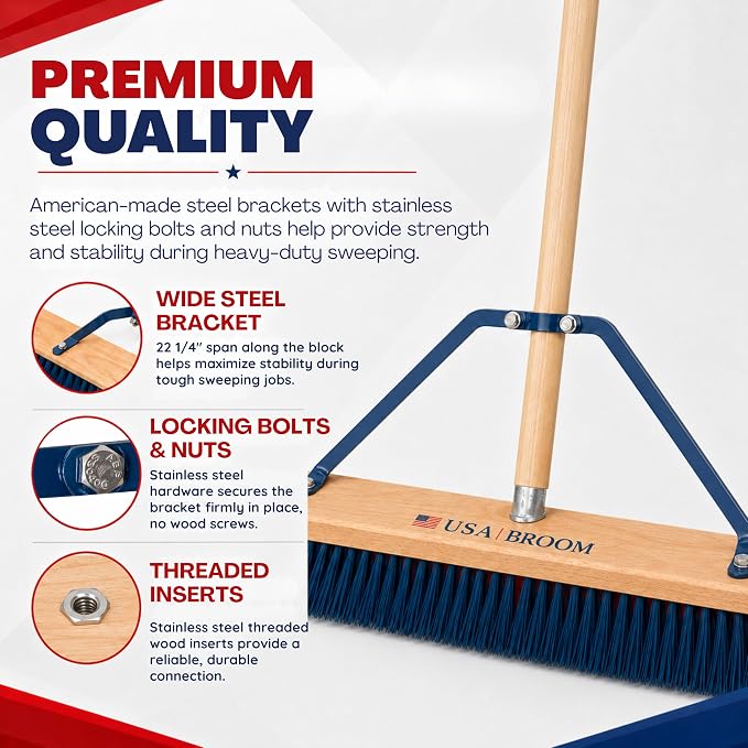 24" Heavy Duty Outdoor Push Broom with 60" Handle. Ideal for Asphalt, Concrete & Heavy Debris. Durable American Made Steel Brackets-Stainless Steel Hardware. No Plastic. 100% USA Made