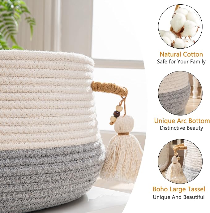 KAKAMAY Woven Baskets for Storage(16"x8"),Blanket Basket for Organizing Living Room,Cotton Rope Basket Woven Baby Laundry Hamper,Collapsible Laundry Room Organization,Clothes,Toy Chest(Grey)