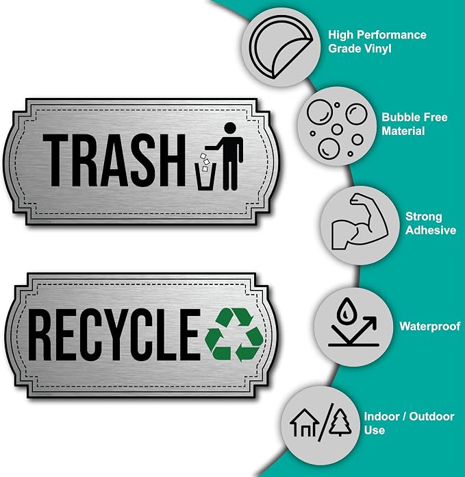 Recycle and Trash Stickers for Trash Cans - Stainless Steel Style Vinyl Recycling Bin Labels - 2 Pack - 6.5" by 3" Decals Logo - Waste Signs for Home Kitchen or Office Bins Indoor/Outdoor Use