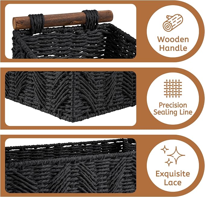 Toilet Paper Storage Basket for Bathroom Countertop Baskets for Organizing | With Handle for Bathroom Bedroom Home Decor Small Basekt for Shelves Apartment Countertop Use,Black