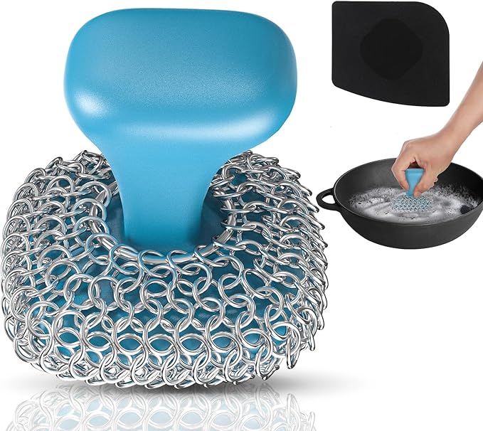 Cast Iron Scrubber Dish Scrub Brush for Cast Iron Pan Skillet | 316 Cast Iron Cleaner, Chain Mail Scrubber Cast Iron, Dish Scouring Pad, Dishwasher Safe, Cleaning Kit, Blue