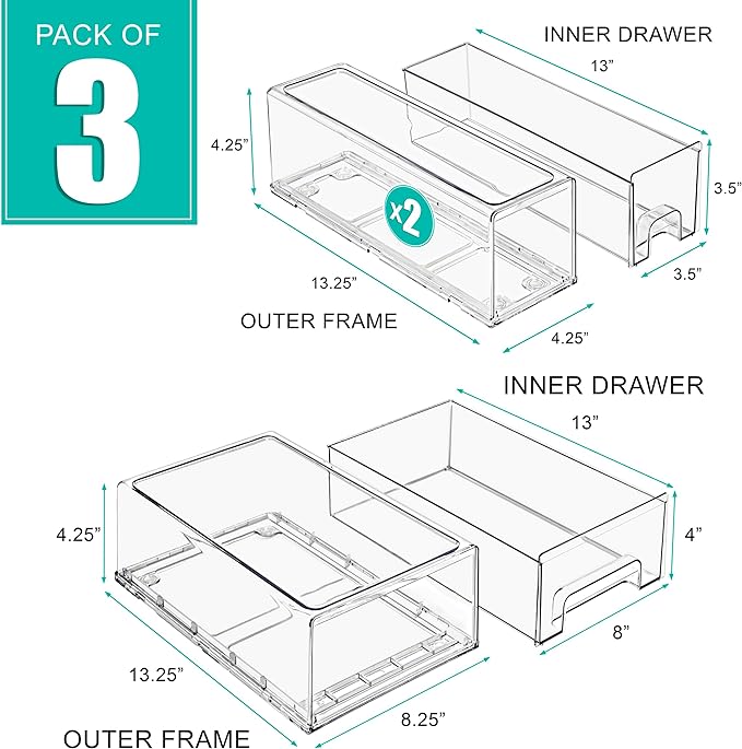 Sorbus Clear Stackable Storage Drawers with Handles (1 Medium + 2 Small) | Easy-access plastic organization for pantries, offices, bathrooms and closets; supports sorting and visibility.