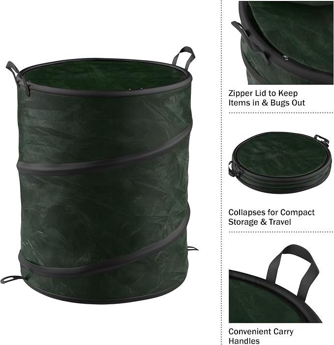 Collapsible Trash Can and Camp Sink Set - 29.5-Gallon Garbage Bin and 7-Liter Wash Basin - Camping Accessories by Wakeman Outdoors (Gray and Green)