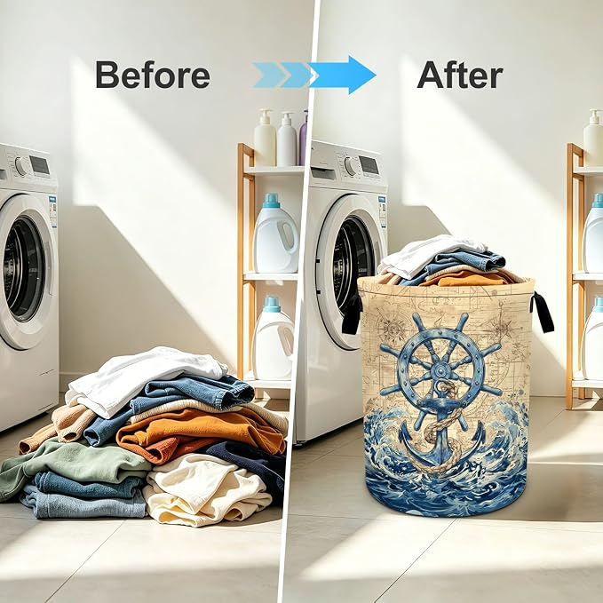 Nautical Laundry Basket Foldable Oxford Laundry Hamper With Handle For Room Bathroom Bedroom