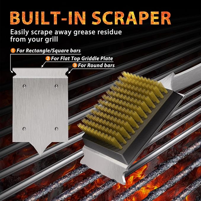 ENLOY 17" Grill Brush & Scraper for Barbecue, Grill Brush for Outdoor Grill | Extended Rosewood Handle and 2 Replaceable Copper Wire Brush Heads, Grill Cleaning Brush Grill Accessories for Most Grill