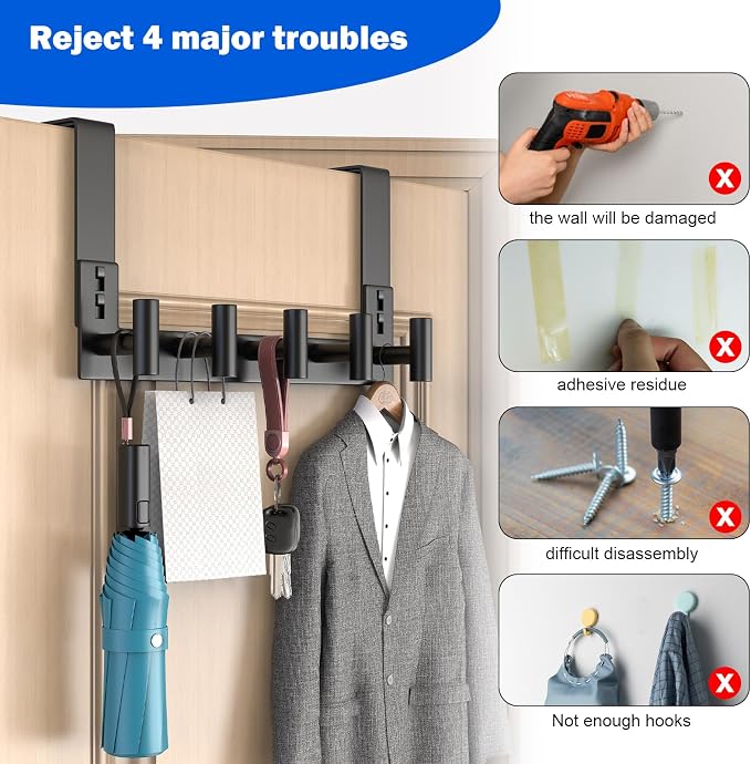 PMMASTO Door Hanger for 1-3/4 Inch Doors, Black- 5 Hooks, T Shape | Stainless Steel Door Hooks Organize Coats Towels Robes in Bathrooms Bedrooms Closets