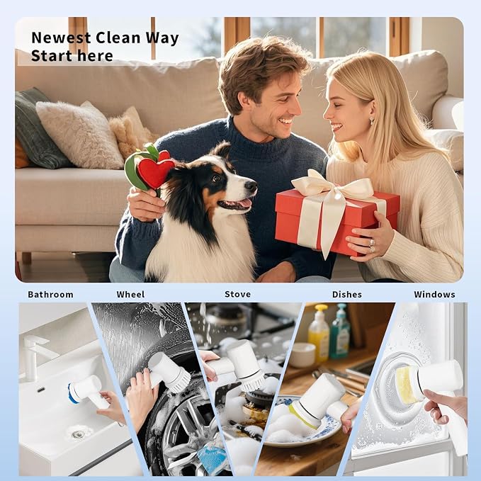 Electric Spin Scrubber, Cordless Handheld Brush, 2 Speeds | 4 Attachments1500mAh Battery IPX7 Waterproof 120-Min Runtime for Kitchen Bathroom Stovetop Glass Car