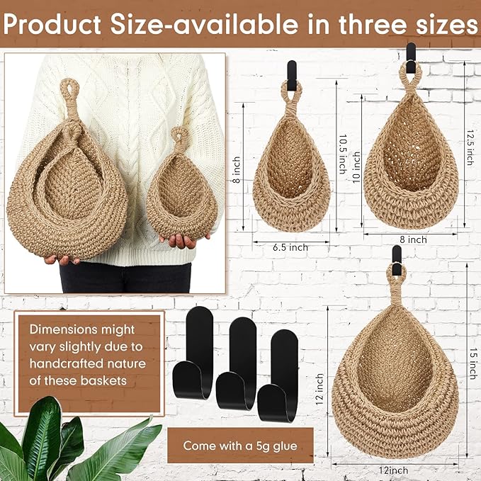 3 Hanging Baskets,Light Linen,Teardrop,Cotton Rope | Wicker Wall Baskets with Hooks for Fruit Vegetable Onion Storage, Teardrop Organizer for Kitchen, Boho Farmhouse Decor