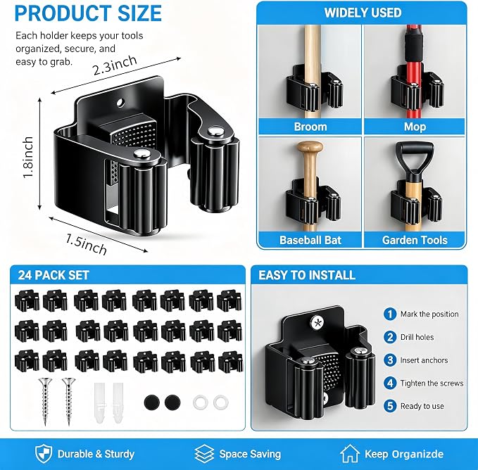 24 Pack Broom Holder Wall Mount, Tool Storage Mop Organizer, Shovel Rack Hooks For Garage Laundry Kitchen Garden Shovel Cleaning Supplies