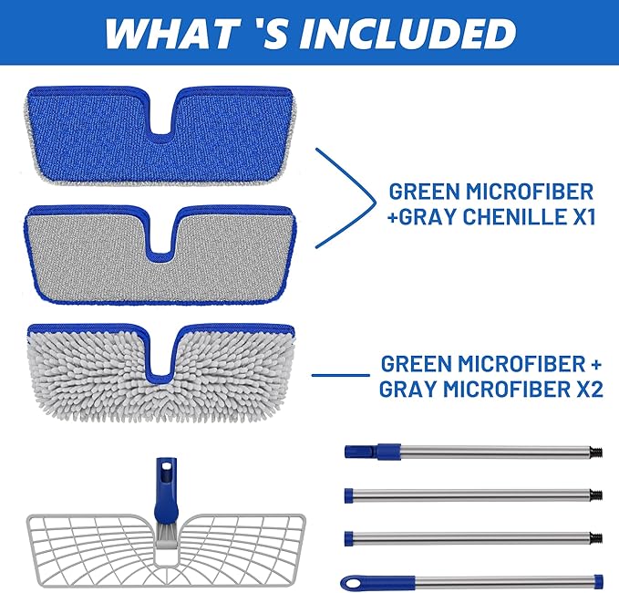 2-Sided Microfiber Dust Mop for Hardwood Floors & Walls | Flat Flip Head, Wet Dry Use, 3 Chenille & Microfiber Pads, 58" Handle, 360° Swivel, Sweep Pet Hair, Tile, Laminate, Kitchen