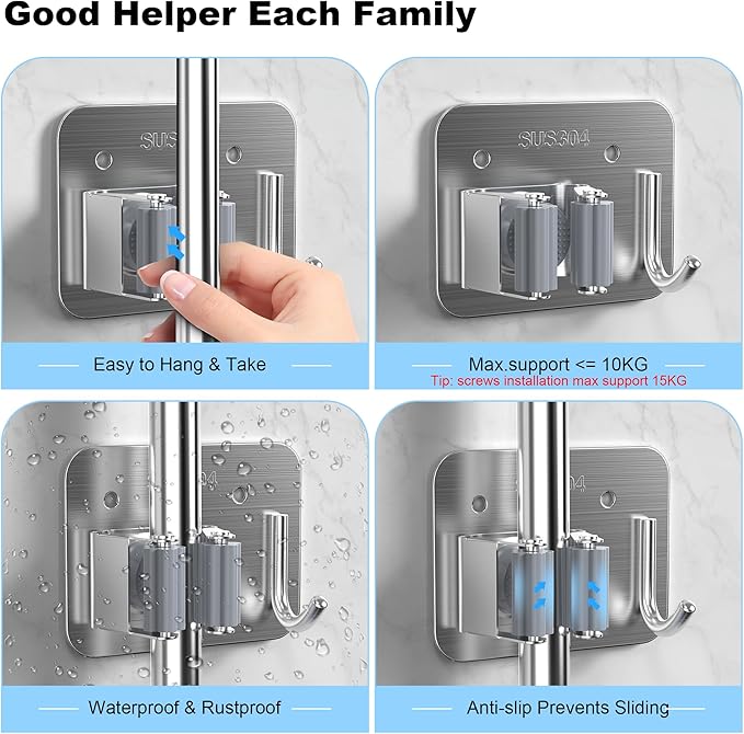 2 Pack Broom Holder Wall Mount, 304 Stainless Steel Mop Organizer with Hook | No Drill Adhesive and Screw Installation, Rust Proof Storage Rack for Garage, Laundry, Garden, Silver