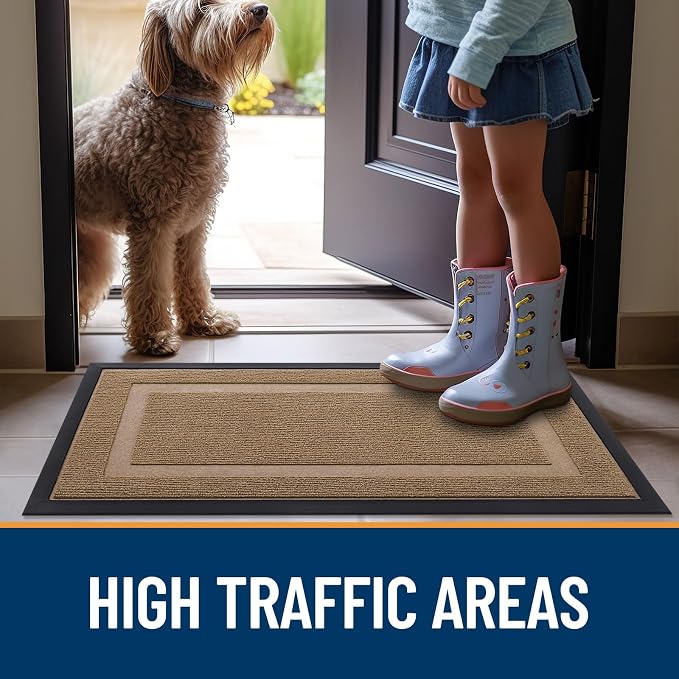 OLANLY Front Door Mat Outside 35x23, All-Season Heavy-Duty Rubber Doormat | Light Brown, Absorbent, Stain Fade Resistant, Waterproof Non-Slip Backing, Low-Profile Indoor Outdoor Floor Mat for Entryway