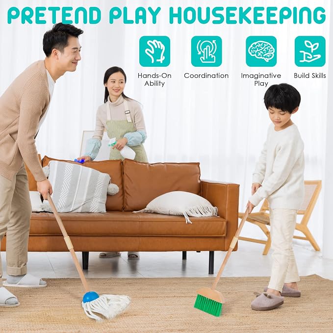 Kids Cleaning Set, 8 Pcs Wooden Housekeeping Play Toy Broom Mop Set | Brushes Rag and Organizing Stand, Montessori Cleaning Toys Gift for Toddlers Girls Boys Age 3-6, Solid Beech Wood