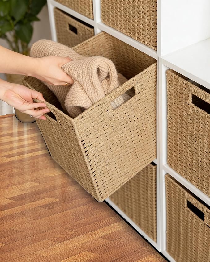 Paper Woven Foldable Storage Baskets 6 Pack, 11.4 Inch Cube Storage Bins, Handmade Paper Material Collapsible Organizer for Shelves & Home Organization, Ideal for Clothes Books Toys Snacks (Natural)