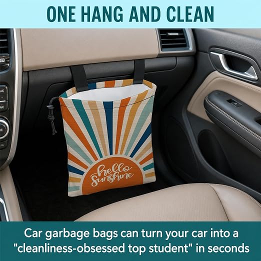 Boho Colorful Sunshine Car Trash Bag Hanging for Back Seat | Mid Century Modern Sun Canvas Drawstring Car Garbage Bag with Adjustable Buckle Vehicle Trash Can