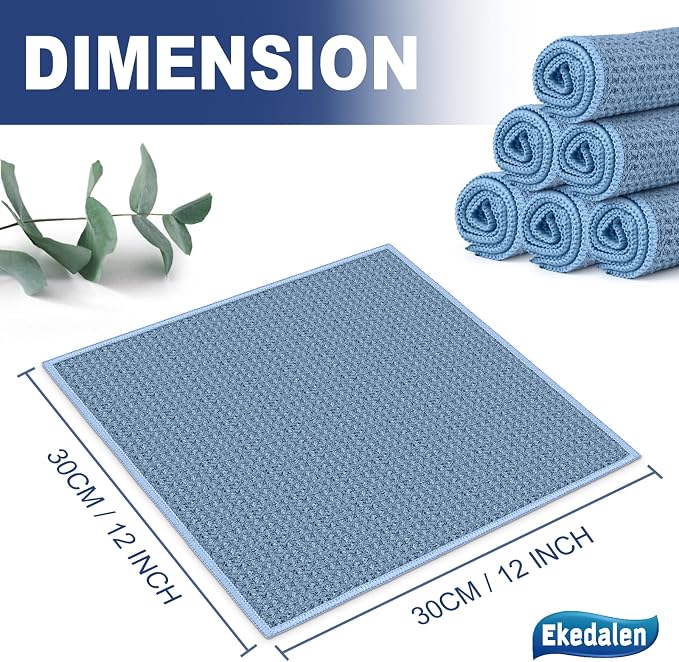 Microfiber Cleaning Cloth Lint Free Glass Polish, Blue | Waffle Weave Kitchen Towels, Quick Dry, Streak Free, Dust Rags for Household, 12 x12 in, 6 Pcak