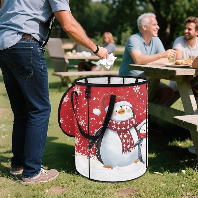 Christmas Penguin 24 Gal Collapsible Trash Can Waterproof Pop-Up Pop up Trash Can for Camping Backyard & Car Travel Easy to Clean Outdoor Garbage Bin Reusable Camping Essentials