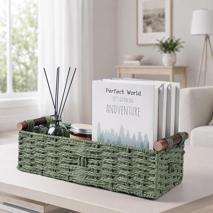 Round Paper Rope Storage Basket Wicker Baskets for Organizing with Handle Decorative Storage Bins for Countertop Toilet Paper Basket for Toilet Tank Top Small Baskets Set,Green | with Handle for Bedroom Home Decor and Shelves Apartment Countertop Use,G...