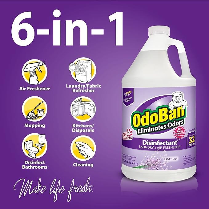 OdoBan Disinfectant Concentrate and Odor Eliminator, Made in the USA, Lavender Scent, 4 Gallons