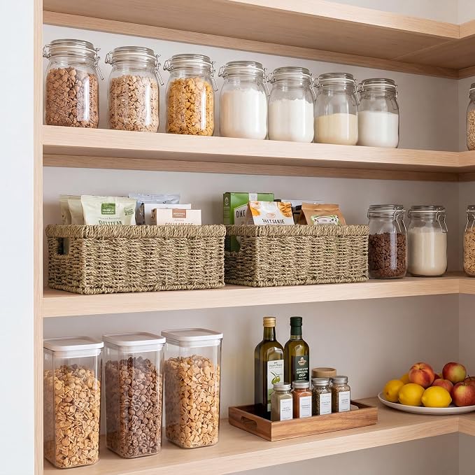 StorageWorks Wicker Baskets for Organizing,Seagrass Baskets for Decor,2Pack | Rectangle Wicker Baskets for Organizing, Wicker Storage Baskets for Shelves, Decorative Baskets,Seagrass Baskets with Handles