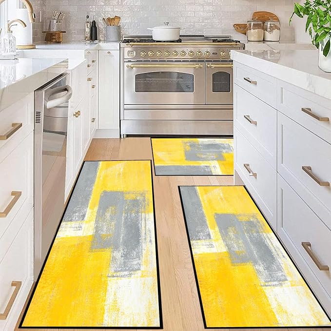 TOMWISH Yellow Grey Kitchen Rugs Sets 3PCS Washable | Kitchen Sink Area Absorbent Runner Rugs Front of Dining Room Home Office Laundry 20"X32"+20"X48"+20"X59"