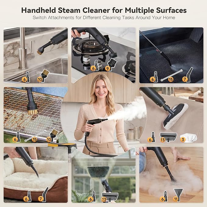 Gautye Steam Cleaner, 15s Heat Up, 1.69 Quarts Tank with 15 Accessories | 3 Level Adjustable Handle, Foldable Handle, 1700W, Portable Steam Cleaner for Home, Kitchen, Tile, Floor, Grout, Car Cleaning