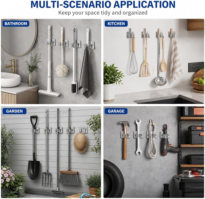 2 Pack Stainless Steel Broom Holder Wall Mount, Heavy Duty Mop Holder No Drill Adhesive, Tool Organizer with Hooks for Kitchen Bathroom Garage Garden (2, Silver)