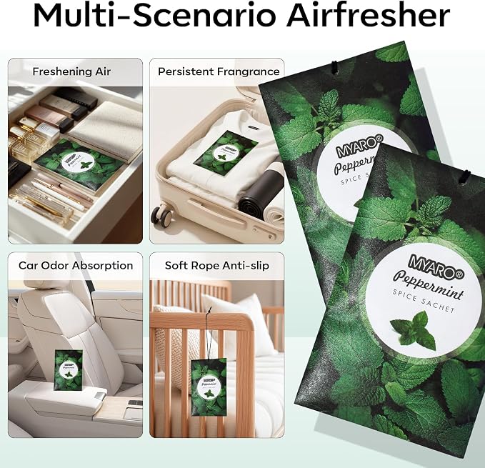 MYARO 12 Pack Peppermint Scented Sachets, Closet Deodorizer Car Freshener | Long-Lasting Sachet Bag, Odor Eliminator for Closet, Drawer, Bathroom, Clothes, Fabric Refresher, Home Fragrance Gift Set