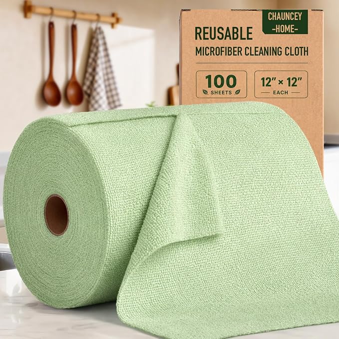 Reusable Microfiber Cloth Roll - 100 Pack, 12"x12" Washable Tear-Away Towels. Fits Paper Towel Holders. Lint-Free & Streak-Free Rags for Kitchen, Glass, Cars, Electronics (Pea Green)