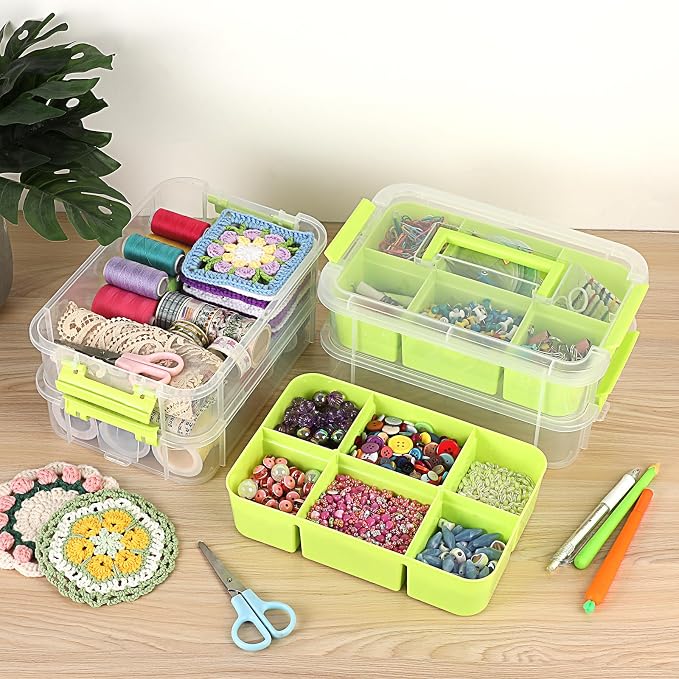 JUXYES 4-Tiers Plastic Stack Carry Storage Containers Box wih Handle Lids | Clear Stackable Latching Storage Bin With 2 Tray for School Office, Organizing Sewing, Art Craft, DIY Supplies, Green