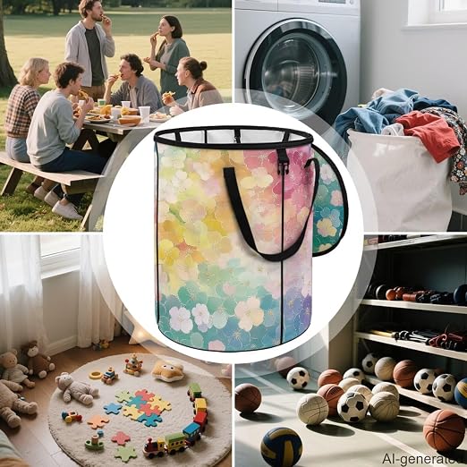 Watercolor Flower Pop up Camping Trash can with lid Collapsible 24 Gallons Trash can with Sorting Clips,Garden Garbage Bag with Lid,Lawn and Leaf Bags - Reusable Yard Waste Bags