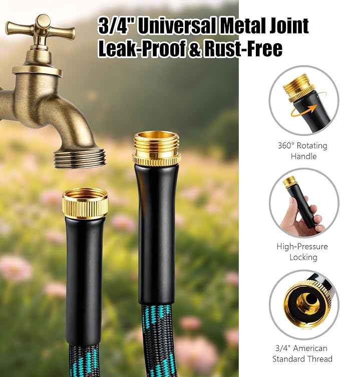 Garden Hose 25FT, Ultra Lightweight with 10-Function Nozzle | Kink-free & leak-proof 25FT hose. Ultra-lightweight 2.8 lbs, durable fittings, 10-pattern nozzle. Includes 3 extra washers.