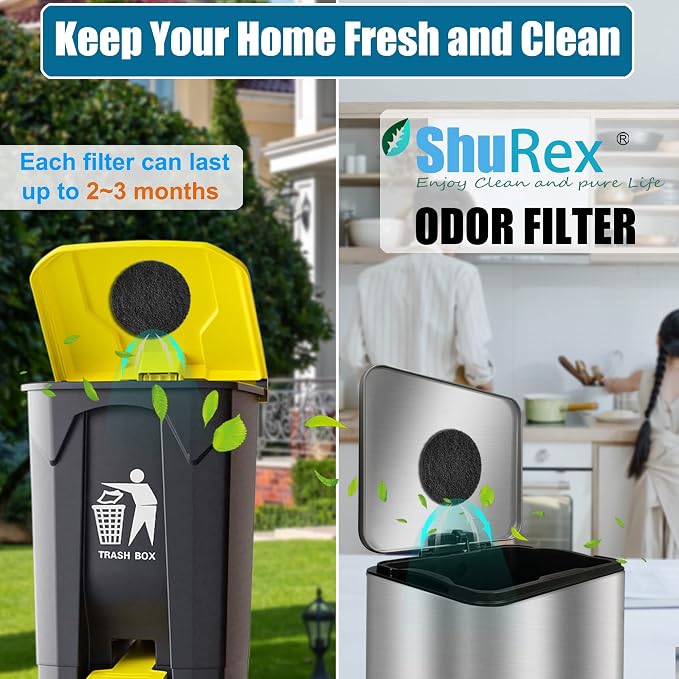 12 Pack Universal Stick-on Trash Can Odor Absorbing Filters Refills | Thick Design Activated Charcoal Purifying Deodorizer for Trash Cans, Compost Buckets, Countertop and Recycle Bins (Round)
