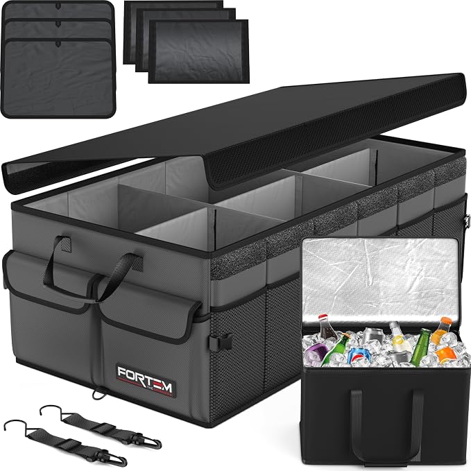 FORTEM Trunk Organizer - Foldable Car Organizer with Cooler for SUV, Trucks | Car Accessories for Men Women, Collapsible Bag, Non Slip Bottom, Straps, Soft Cover, 600D Oxford, Grey, 6 Compartments, 105L