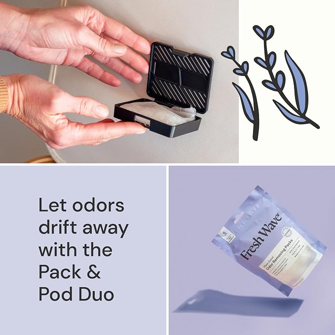 Fresh Wave Odor Eliminating Packs, 6-Pack with Pod Case, Lavender | Plant oil formula, Lasts 15-30 days, Closet and bathroom odor absorber, No plug-in needed, Fits trash cans and diaper pails
