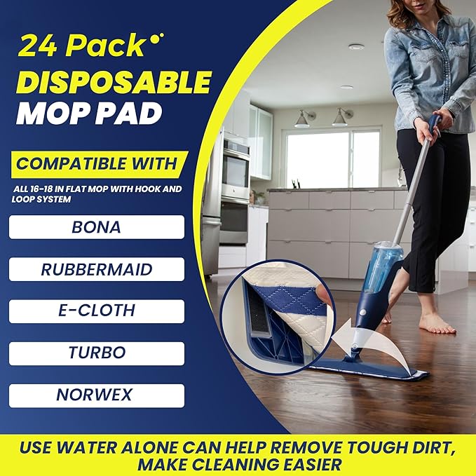 24-Pack Disposable Microfiber Pads for 16-18" Flat Mop, for Bona/Rubbermaid | Wet & Dry Dusting Refills for 16-18 Inch Hook & Loop System Mops – Compatible with Bona, Rubbermaid, Turbo & Norwex