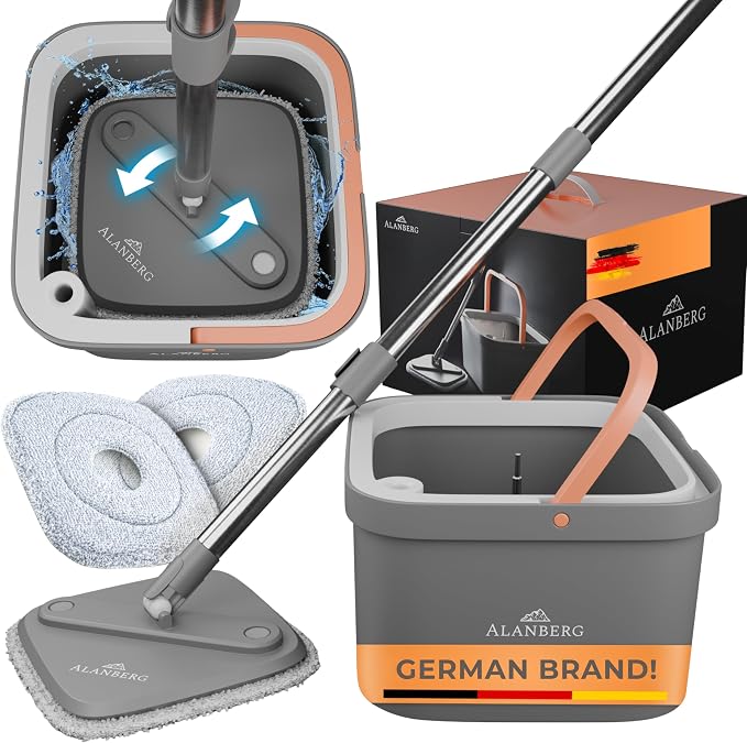 Mop and Bucket Set, Mops for Floor Cleaning, Spin Mop, Gray | Spin Mop With Wringer, Dual Chamber Bucket, Flat Microfiber Mop, 2 Washable Heads, 63 Inch Handle