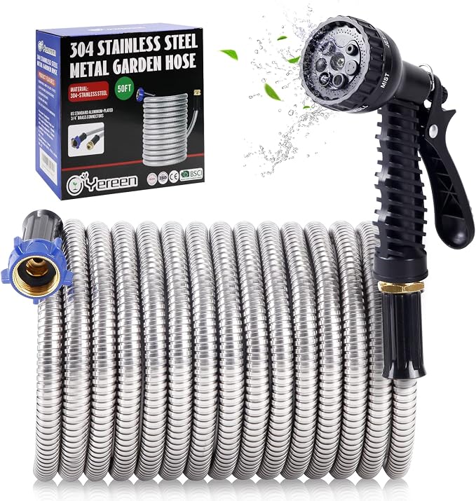304 Stainless Steel Garden Hose, 50 ft Metal Garden Hose with 3/4" Connector Fittings and Sprayer, Heavy Duty Kink Free Flexible Outdoor Water Hose, Blue