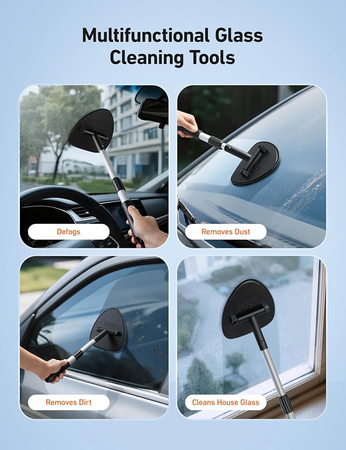 AstroAI 4pcs Windshield Cleaner Tool for Effortless Installation | Extendable Handle, 4 Reusable Microfiber Pads, Streak-free & Lint-free, Auto Glass Wiper Brush for Car & Home, Blue