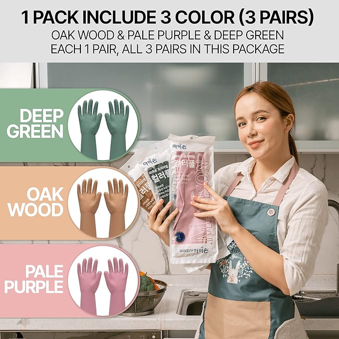 3 Pairs Colorful Reusable Waterproof Household Dishwashing Cleaning Rubber Gloves, Non-Slip Kitchen Glove