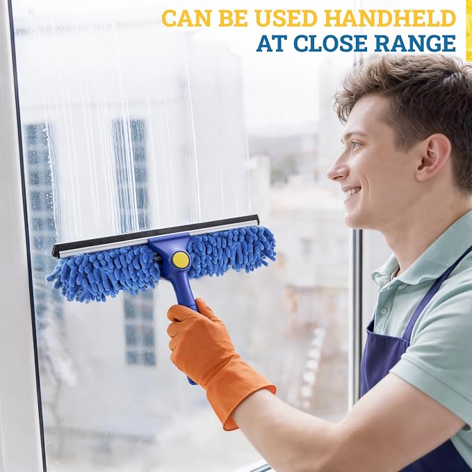 2-in-1 Window Squeegee with 4–12 ft Telescopic Extension Pole | Window Washing Kit for Home & Commercial Glass Doors, High Windows, 2 Sleeves Included