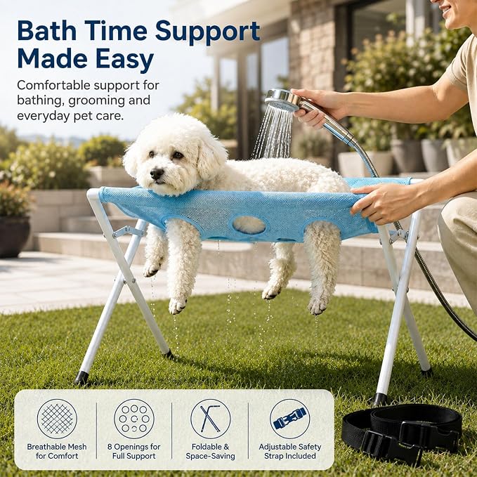 Dog Bath Hammock with Foldable Pet Bathing Stand (Blue) | For bathing, paw cleaning, nail trimming and grooming Small/Medium Dogs in showers, laundry rooms and home pet care areas
