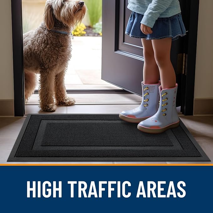 OLANLY Front Door Mat Outside 35x23, All-Season Heavy-Duty Rubber Doormat | Jet Black, Absorbent, Stain Fade Resistant, Waterproof Non-Slip Backing, Low-Profile Indoor Outdoor Floor Mat for Entryway