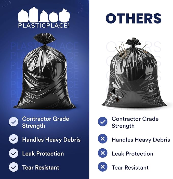 Plasticplace Contractor Garbage Bags: 55 Gallon Trash Bags Heavy Duty, Big Black Trash Bags, 36"x58", 6.0 Mil, Pack of 20