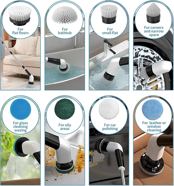YKYI Electric Spin Scrubber Replacement Brush Heads 8 Pcs Set, Cordless Cleaning Brush Accessories for Bathroom Kitchen Shower Bathtub Tile Floor